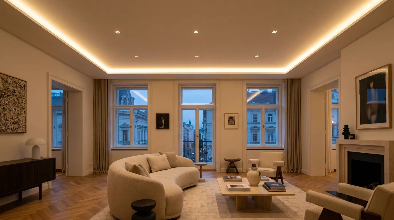 Spanndecke Wien — modernes Wohnzimmer mit hinterleuchteter Lichtdecke und LED-Spots