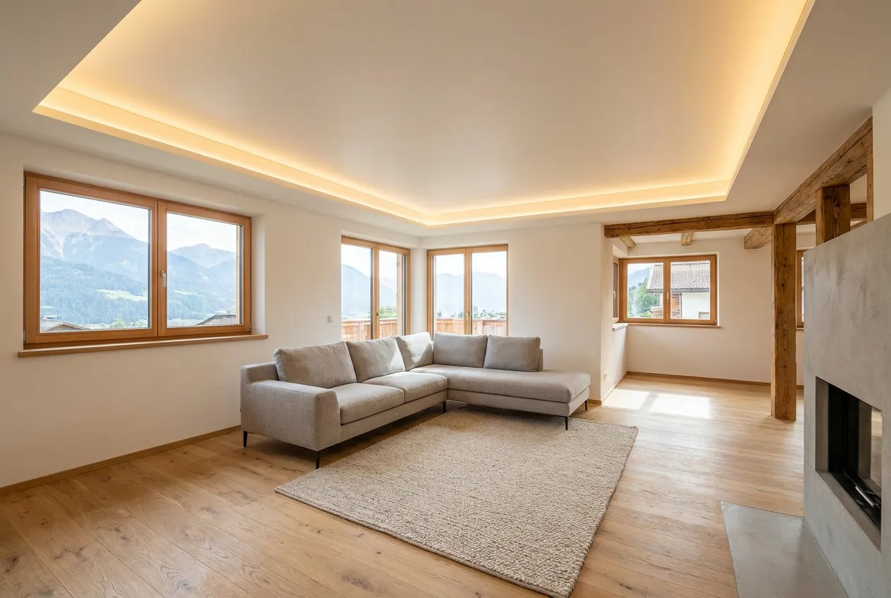 Spanndecke Wien — Wohnzimmer mit matter Decke und umlaufender LED-Lichtvoute