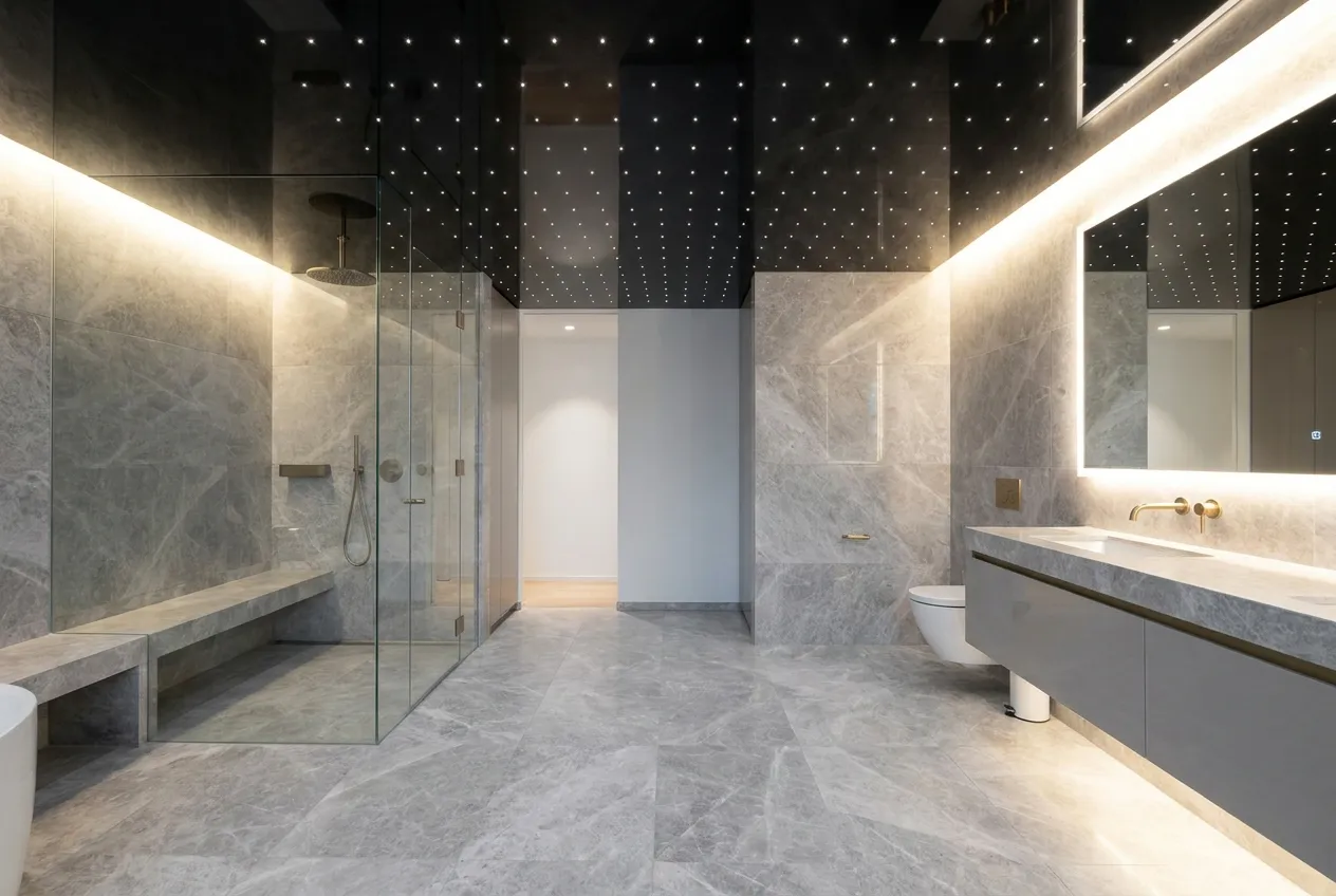 Lackspanndecke Wien — Badezimmer in Hochglanz mit LED-Spots